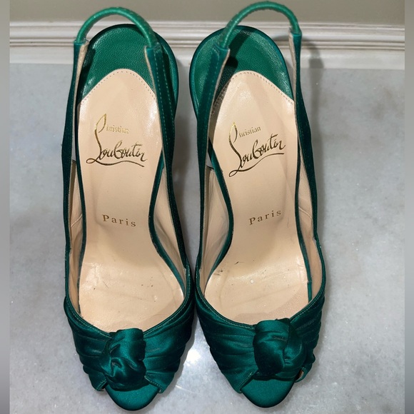 Satin Green Christian Louboutin Open Toe Knotted Platform Heels - Picture 2 of 7